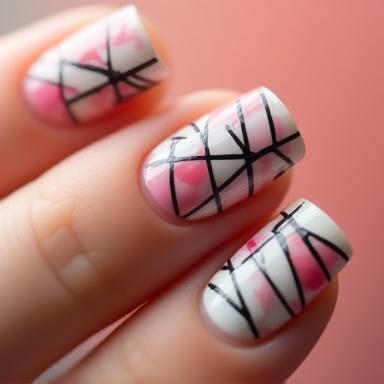 Modern geometric nail art design with lines and shapes