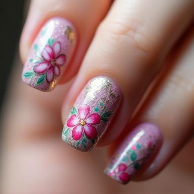 Detailed floral nail art example, intricate and colorful